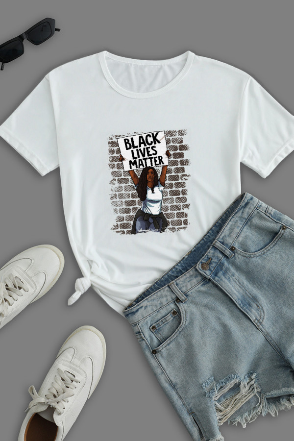 White Street Print Patchwork Letter O Neck T-Shirts