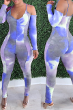 Sky Blue Sexy Patchwork Tie-dye Halter Skinny Jumpsuits