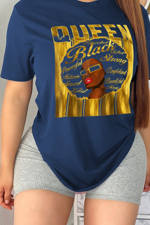 Navy Blue Fashion Street Print Patchwork Letter O Neck T-Shirts