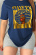 Navy Blue Fashion Street Print Patchwork Letter O Neck T-Shirts