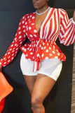 Red Casual Striped Print Polka Dot Patchwork Frenulum V Neck Tops