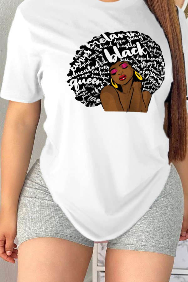 White Casual Street Print Patchwork Letter O Neck T-Shirts