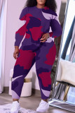 Purple Casual Camouflage Print Patchwork O Neck Plus Size Two Pieces