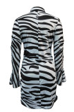 Zebra Fashion Sexy Animal Print Patchwork Turndown Collar One Step Skirt Dresses