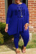 Blue Casual Print Patchwork O Neck Plus Size Two Pieces