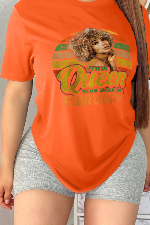 Orange Casual Daily Character Print Patchwork Letter O Neck T-Shirts