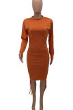 Tangerine Sexy Solid Patchwork Draw String Fold O Neck Pencil Skirt Dresses