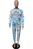 Baby Blue Fashion Casual Print Basic O Neck Long Sleeve Two Pieces