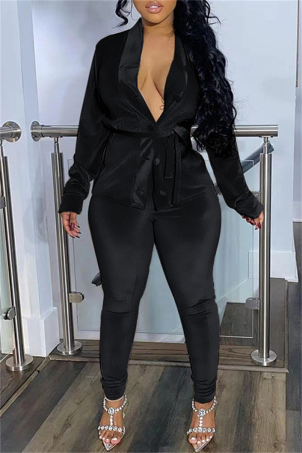 Black Fashion Casual Solid Patchwork V Neck Long Sleeve Two Pieces