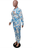 Baby Blue Fashion Casual Print Basic O Neck Long Sleeve Two Pieces