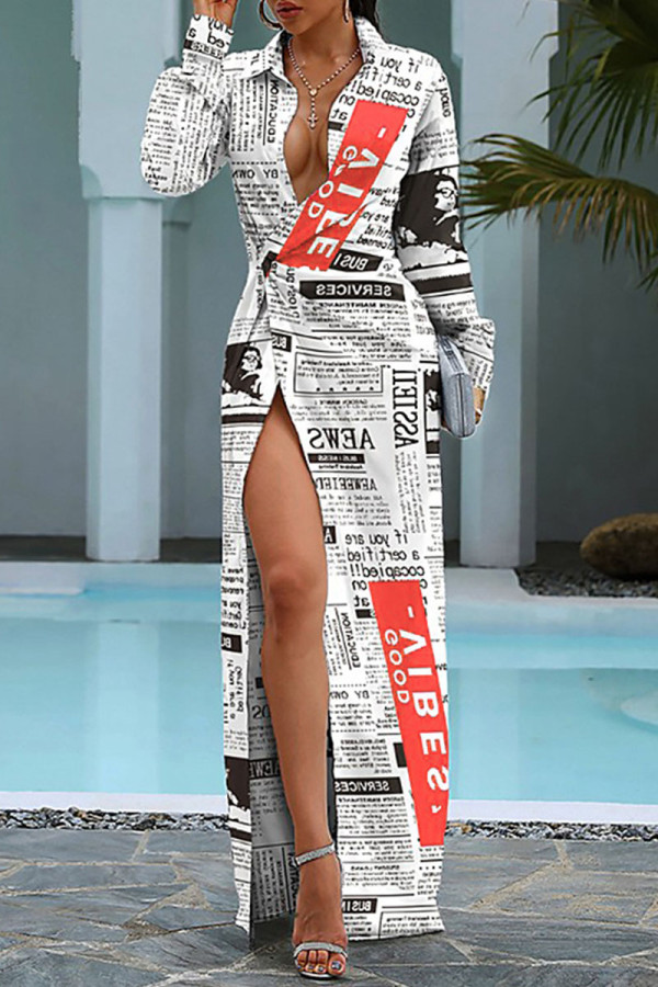 White Fashion Street Print Slit Turndown Collar Irregular Dresses
