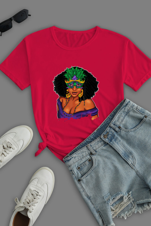 Red Fashion Casual Print Patchwork O Neck T-Shirts
