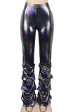 Silver Elastic Fly Mid Draped Solid Boot Cut Pants