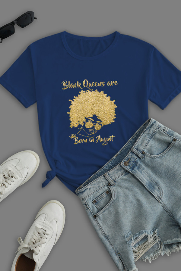 Navy Blue Street Daily Print Patchwork O Neck T-Shirts