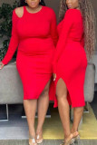 Red Elegant Solid Hollowed Out Patchwork Slit O Neck One Step Skirt Dresses