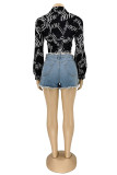 Black Fashion Casual Print Basic Turndown Collar Tops