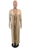 Champagne Sexy Solid Patchwork Spaghetti Strap Long Sleeve Three Pieces
