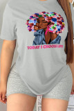 Red Fashion Street Character Patchwork O Neck T-Shirts