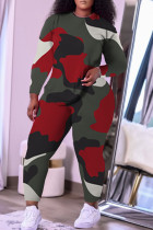 Red Casual Camouflage Print Split Joint O Neck Plus Size Two Pieces