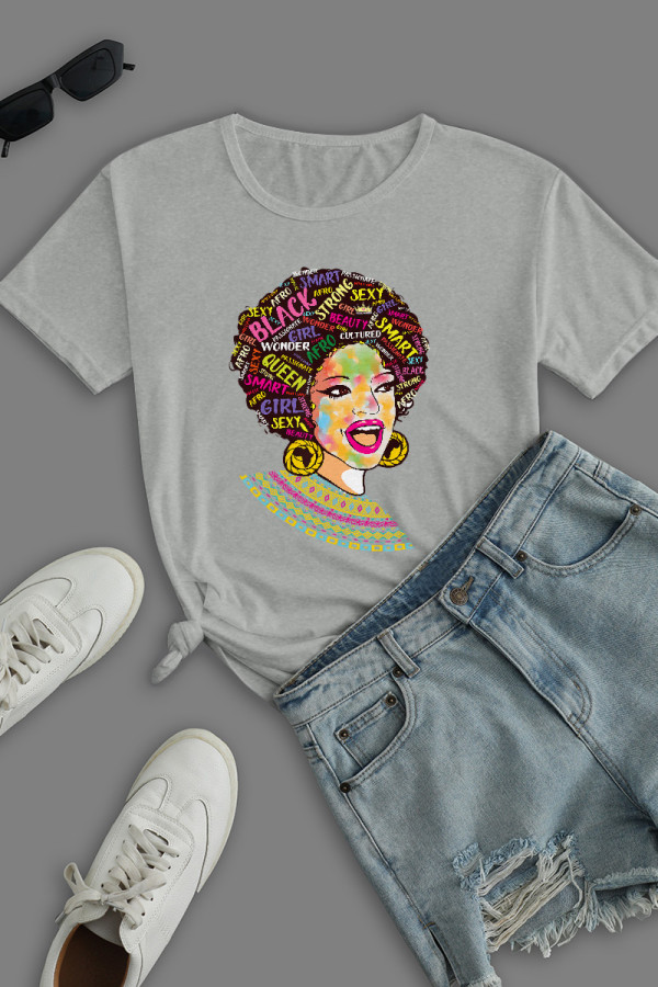 Grey Casual Daily Print Patchwork O Neck T-Shirts