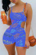 Blue Fashion Sexy Print Backless Spaghetti Strap Skinny Romper