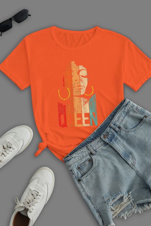 Orange Street Print Patchwork O Neck T-Shirts
