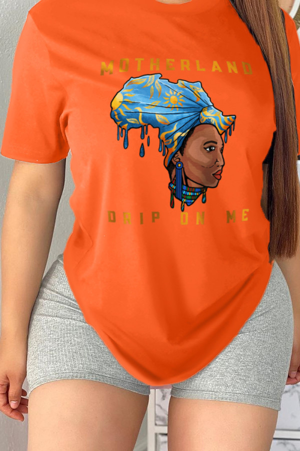 Orange Casual Street Print Patchwork O Neck T-Shirts