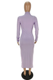 Pink Fashion Casual Solid Basic O Neck Long Sleeve Dresses