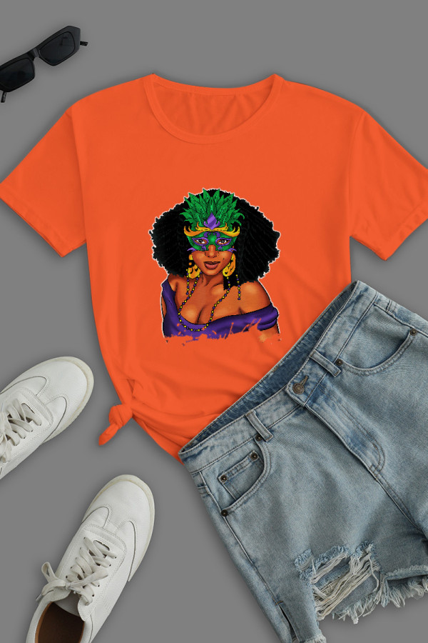 Orange Fashion Casual Print Patchwork O Neck T-Shirts