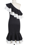 Black Elegant Solid Patchwork Flounce Oblique Collar Evening Dress Dresses