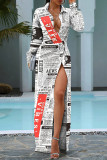 White Fashion Street Print Slit Turndown Collar Irregular Dresses