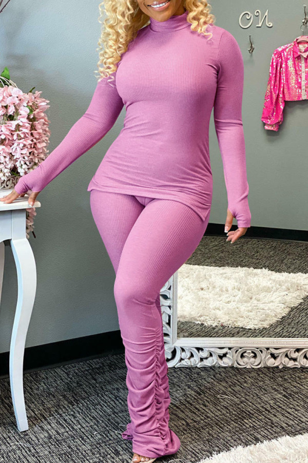 Pink Casual Solid Patchwork Slit Fold Half A Turtleneck Long Sleeve Two Pieces