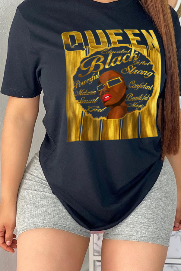 Black Fashion Street Print Patchwork Letter O Neck T-Shirts