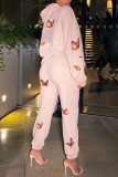 Light Pink Casual Print Patchwork Hooded Collar Long Sleeve Two Pieces
