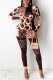 Coffee Casual Print Patchwork O Neck Long Sleeve Two Pieces