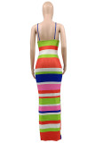 Multicolor Fashion Sexy Striped Print Slit Spaghetti Strap Long Dress
