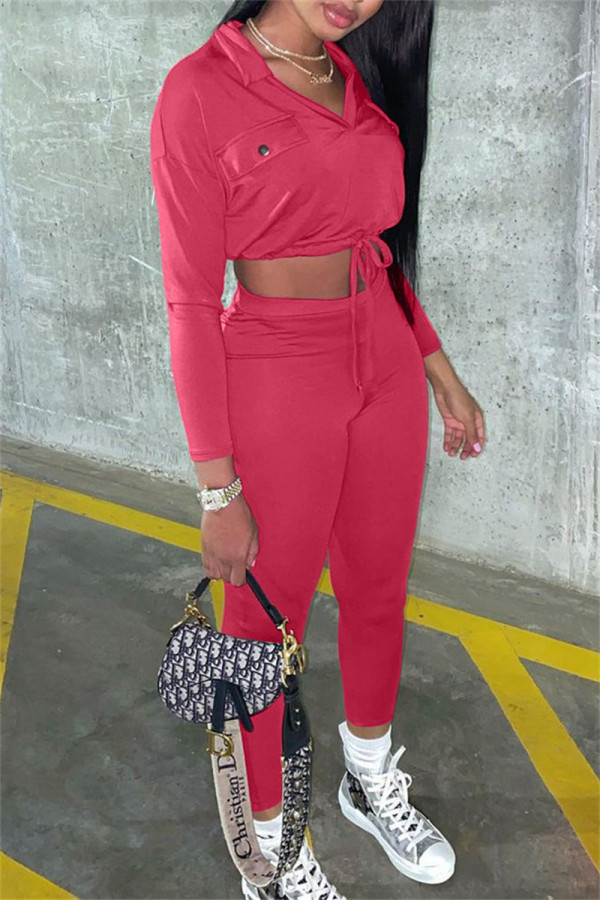 Watermelon Red Fashion Casual Solid Patchwork Long Sleeve Two Pieces