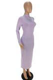 Pink Fashion Casual Solid Basic O Neck Long Sleeve Dresses