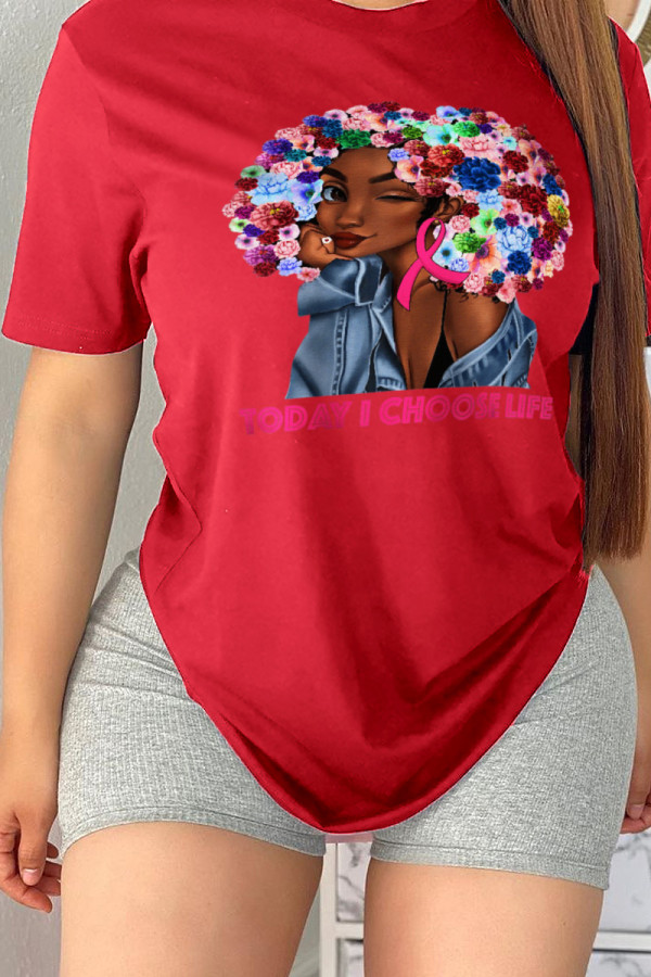 Red Fashion Street Character Patchwork O Neck T-Shirts