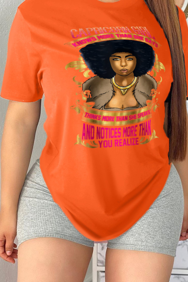 Orange Daily Party Print Patchwork O Neck T-Shirts