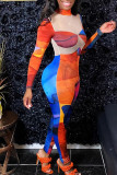 Colour Sexy Print Patchwork See-through Mesh Half A Turtleneck Regular Jumpsuits