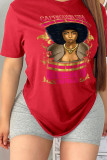 Red Daily Party Print Patchwork O Neck T-Shirts