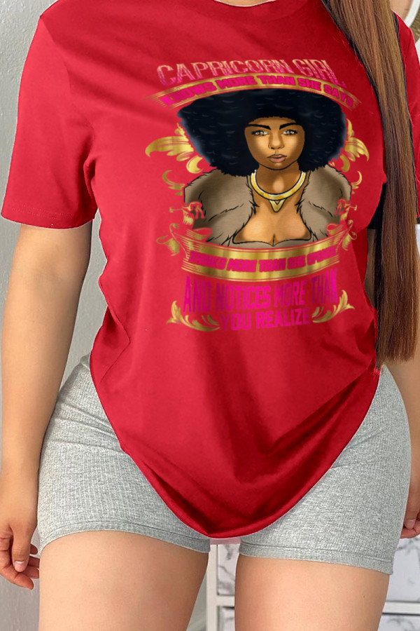 Red Daily Party Print Patchwork O Neck T-Shirts