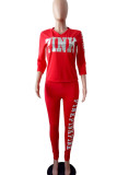 Red Casual Print Patchwork V Neck Half Sleeve Two Pieces