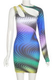 Colour Sexy Print Patchwork Asymmetrical Collar Pencil Skirt Dresses
