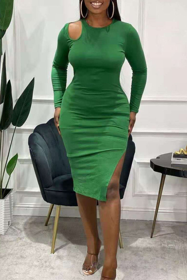 Green Elegant Solid Hollowed Out Patchwork Slit O Neck One Step Skirt Dresses