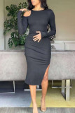 Red Elegant Solid Hollowed Out Patchwork Slit O Neck One Step Skirt Dresses