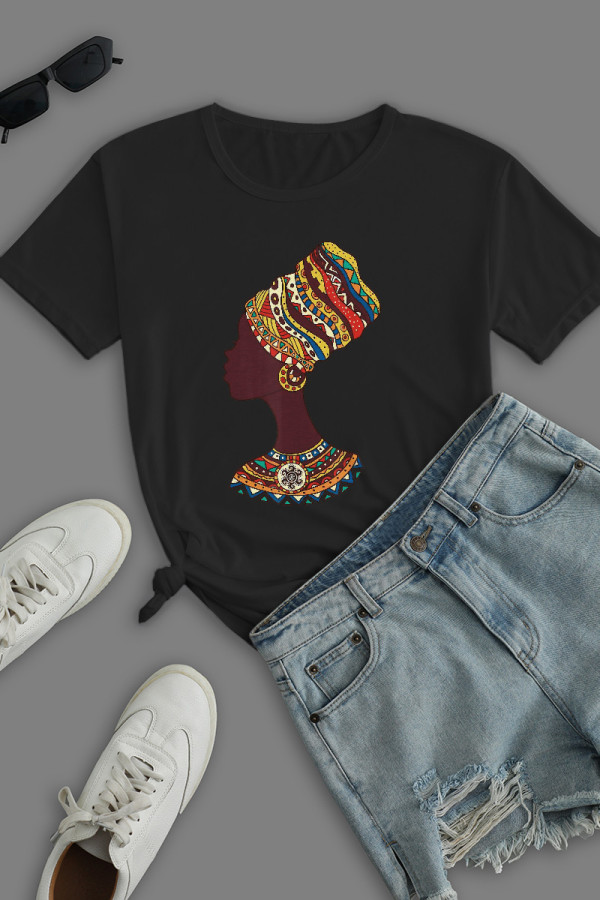 Black Street Daily Print Patchwork O Neck T-Shirts