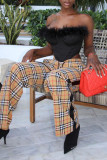Khaki Casual Plaid Print Patchwork Straight High Waist Straight Full Print Bottoms