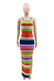 Multicolor Fashion Sexy Striped Print Slit Spaghetti Strap Long Dress